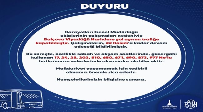 İzmir Büyükşehir Belediyesi'nden duyuru